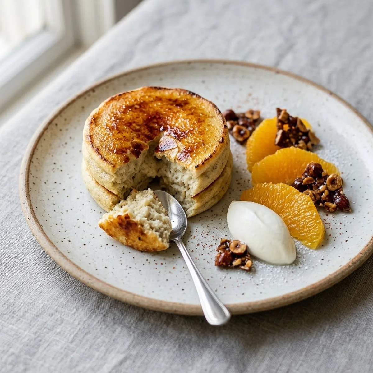 Bananenwolk, Verbrande Sinaasappel — plated on speckled stoneware