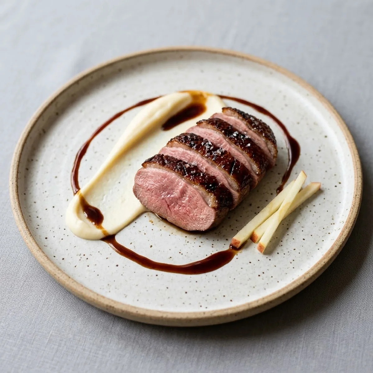 Duck Breast with Sticky Apple-Balsamic Jus and Celeriac Mousseline — plated on speckled stoneware