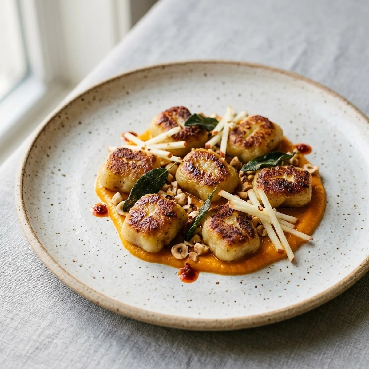 Gnocchi d'Oro — plated on speckled stoneware