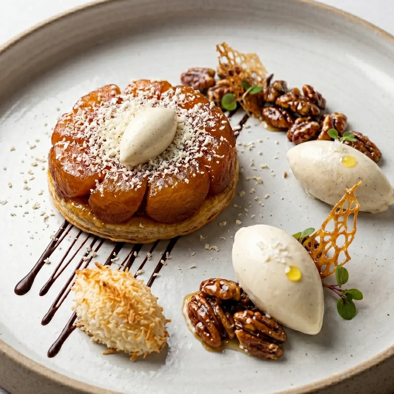 Hot Tarte Tatin with Vanilla Ice Cream — plated on speckled stoneware
