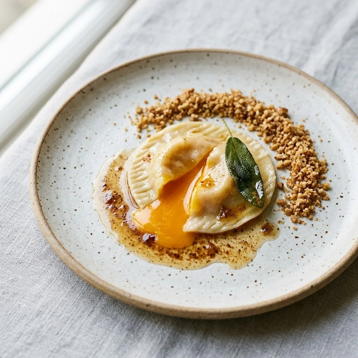 Raviolo al Uovo — plated on speckled stoneware