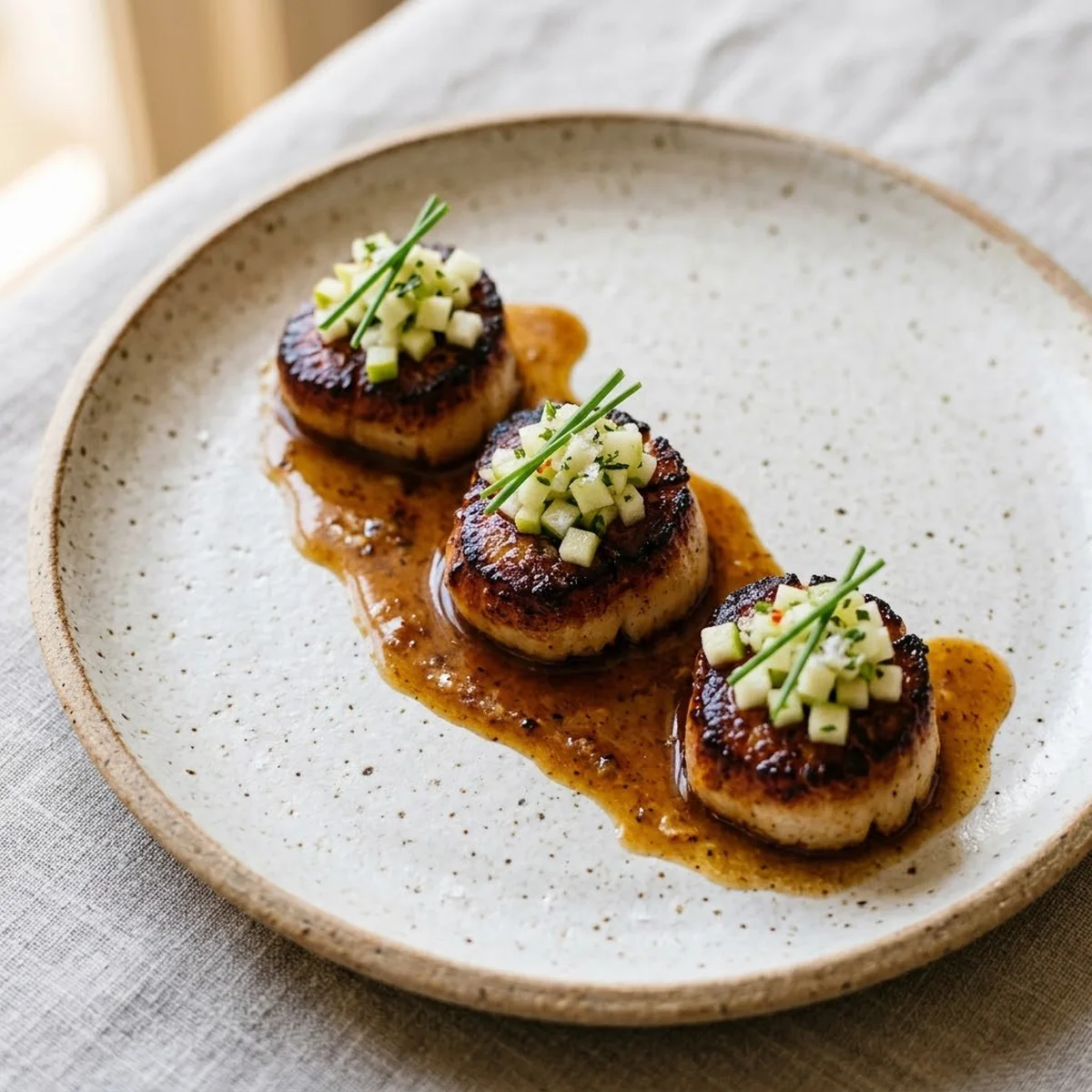 Scallops with Brown Butter and Apple Ceviche — plated on speckled stoneware