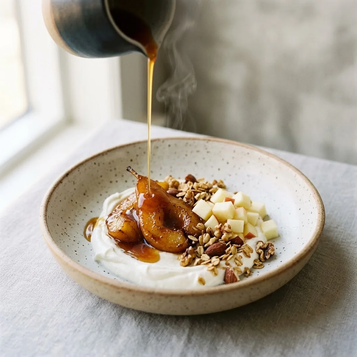 Two-Temperature Orchard — plated on speckled stoneware